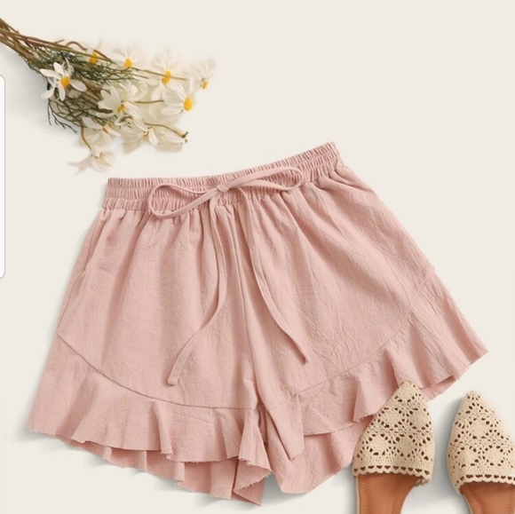 Pants - Solid Drawstring Waist Ruffle Hem Shorts